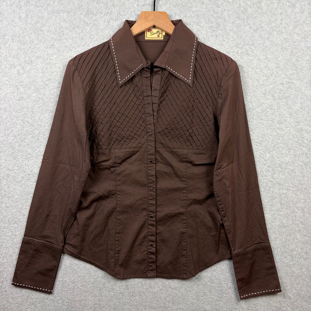 Scully Shirt Womens Medium Brown Pearl Snap Poplin Stretch Blouse Western Cotton